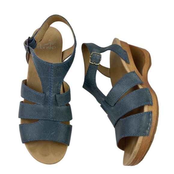 Dansko Trudy Wedge Sandals Women’s Size 40 Blue Leather Comfort Strappy Heel - Picture 3 of 15